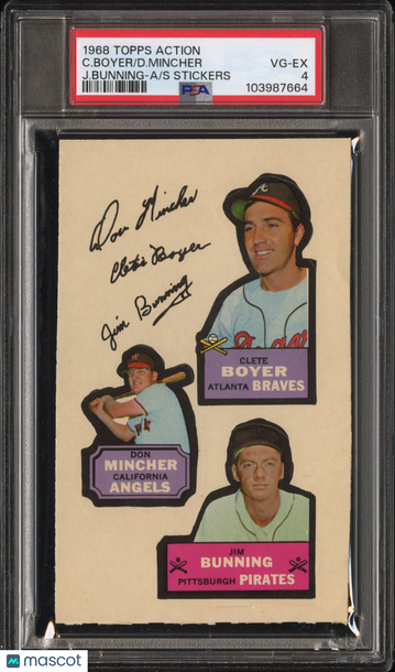1968 Topps Action All-Star Stickers D. Mincher C. Boyer J. Bunning PSA 4