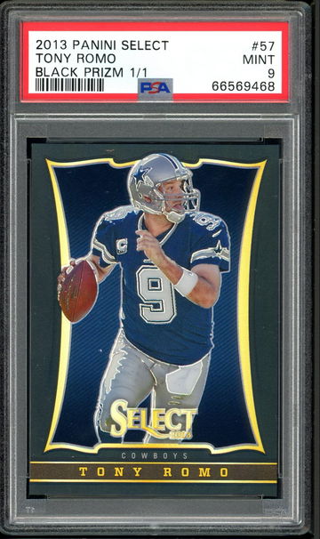 TONY ROMO PSA 9 2013 PANINI SELECT #57 BLACK PRIZM 1/1 FIRST YEAR SELECT