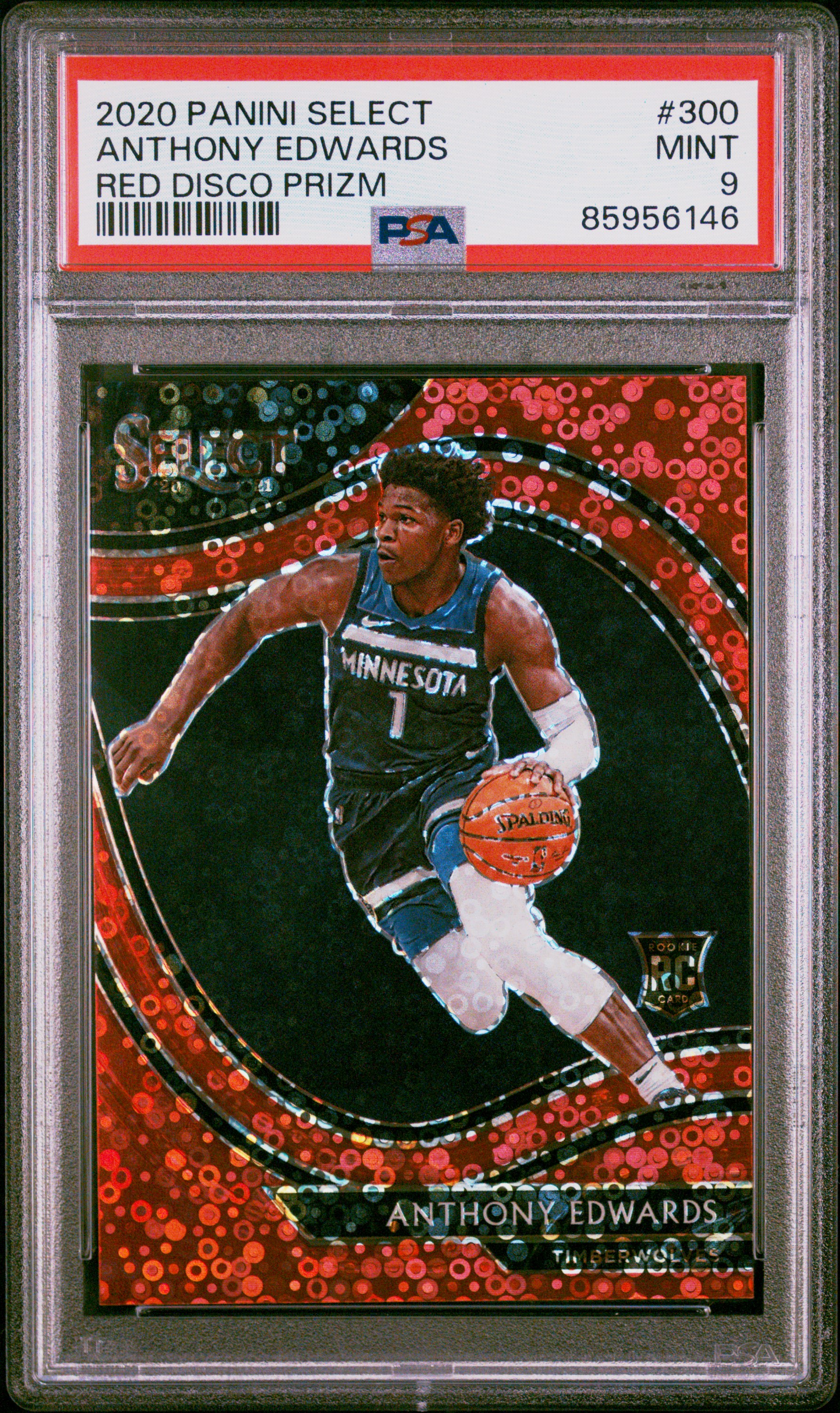 PSA 9 2020 Select Anthony Edwards Red Disco Prizm Courtside Rookie #300 /49