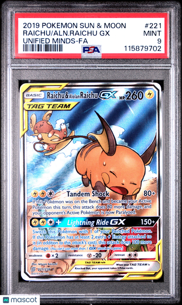 2019 Pokemon Sun & Moon Unified Minds Aln. Raichu GX Raichu PSA 9 #221