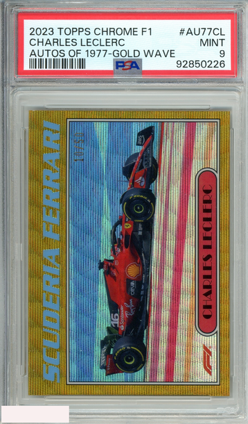 2023 TOPPS CHROME F1 CHARLES LECLERC#AU77CL AUTOS 1977-GOLD WAVE OF 50 PSA 9