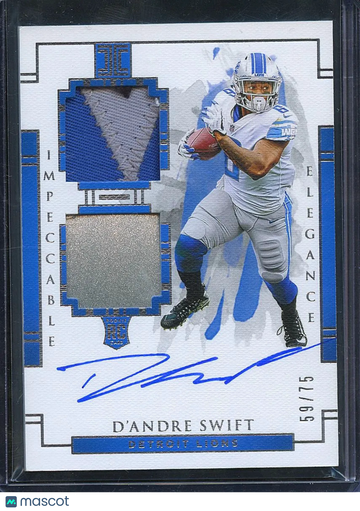 D'Andre Swift 2020 Panini Impeccable Elegance Authentic Memorabilia Auto /75 Detroit Lions