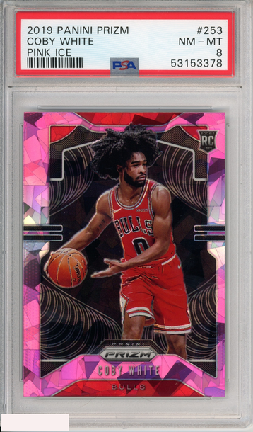 2019 PANINI PRIZM COBY WHITE #253 PINK ICE ROOKIE CHICAGO BULLS RC PSA 8 NM-MT