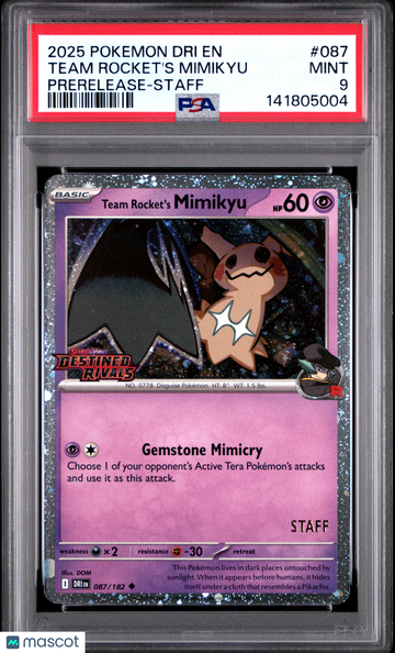 2025 Pokemon Destined Rivals Prerelease Staff Stamp Team Rocket's Mimikyu #087 PSA 9