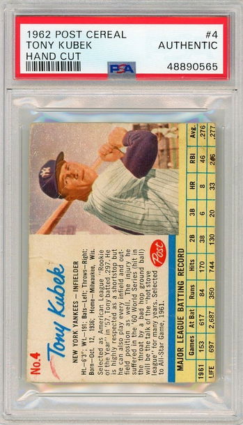 1962 Post Cereal Tony Kubek Hand Cut #4 PSA Authentic P1344