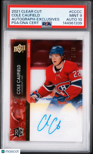 2021-22 Upper Deck Clear Cut Autographs 2021-22 Cole Caufield #CCCC Exclusives /35 Rookie PSA 9 Auto 10