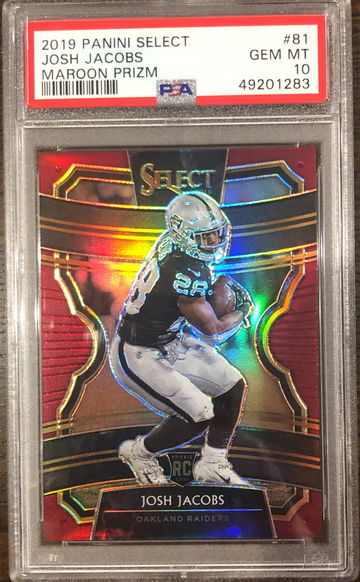 2019 Panini Select #81 Josh Jacobs RC Rookie Maroon Prizm /149 PSA 10 Gem Mint Raiders Premier Level
