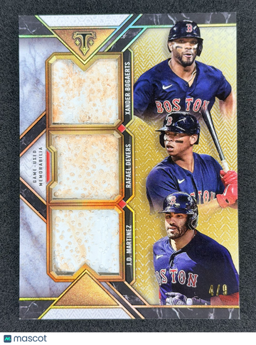 2021 Topps Triple Threads Rafael Devers Xander Bogaerts J.D. Martinez #TTEAR-BDM /9 Triple Relic Game-Used Memorabilia