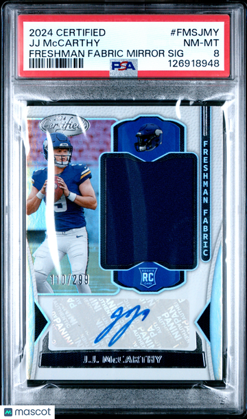 2024 Panini Certified Freshman Fabric Mirror Signatures JJ Mccarthy #FMSJMY /299 PSA 8
