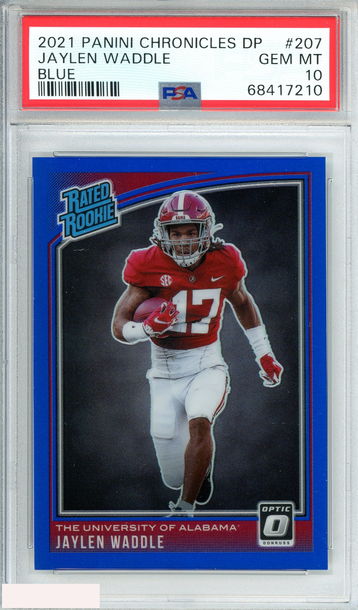 2021 PANINI CHRONICLES DP JAYLEN WADDLE #207 BLUE 66 OF 99 POP 2! RC PSA 10