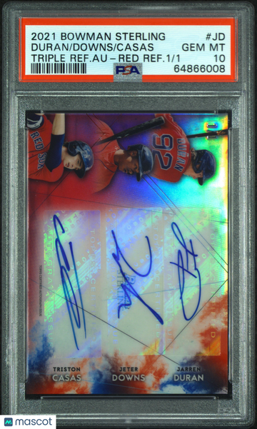 2021 Bowman Sterling Jeter Downs Jarren Duran Triston Casas #JD Triple Autograph Red Refractor /1 Short Print Parallel/V