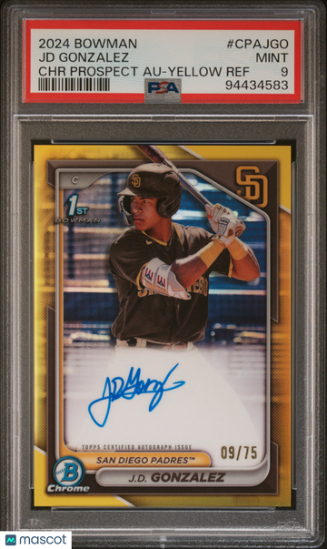 2024 Bowman Chrome Prospect Autographs JD Gonzalez #CPAJGO Yellow Ref /75 PSA 9