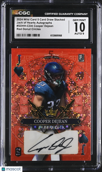 2024 Wild Card 5 Card Draw Stacked Cooper Dejean #SDHH-CDA Red Donut Circles /2 Jack of Hearts Autographs CGC 10 Auto 9