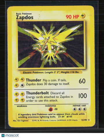 1999 Base Set Zapdos Holo Rare #16/102