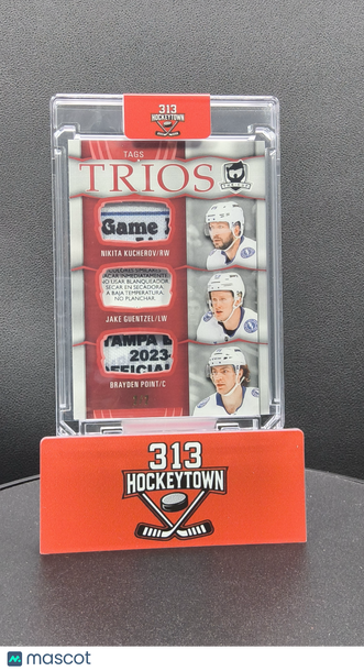 2024-25 Upper Deck The Cup Trios Tags Brayden Point Nikita Kucherov Jake Guentzel #C3-KGP /2 Game-Used Laundry Tag Patch