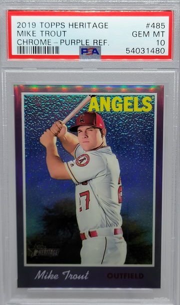 2019 TOPPS HERITAGE #485 MIKE TROUT CHROME - PURPLE REF PSA 10