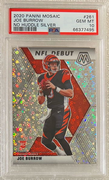 2020 Panini Mosaic Joe Burrow RC #261 NFL Debut No Huddle Silver Prizm SP PSA 10
