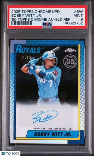 2025 Topps Chrome Update 1990 Topps Chrome Autographs Bobby Witt JR. #BW '90 BLK Ref /10 PSA 9