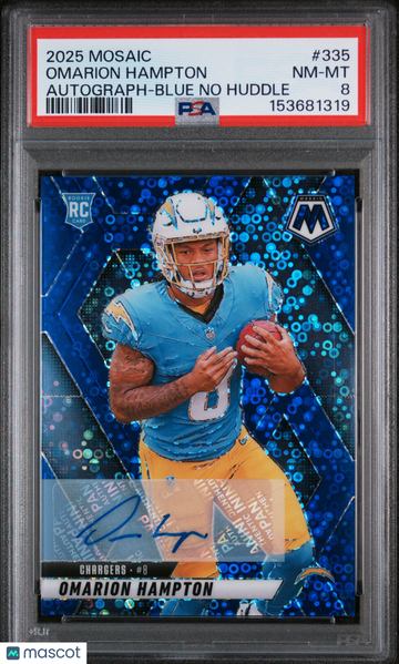 2025 Panini Mosaic Omarion Hampton #335 Autograph Blue No Huddle PSA 8
