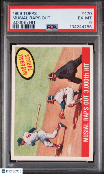 Stan Musial 1959 Topps Musial Raps Out #470-3,000th Hit PSA 6