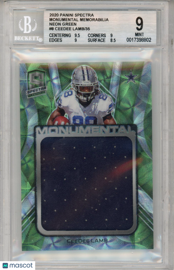 2020 Panini Spectra Monumental Memorabilia Neon Green CeeDee Lamb #8 /35 BGS 9