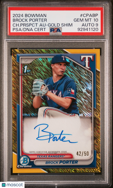 2024 Bowman Chrome Prospect Autographs Brock Porter #CPABP CH. Prspct Au Gold Shim /50 Auto PSA 10 Auto 9