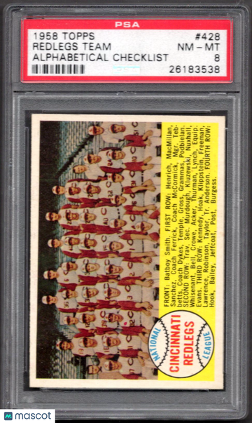 1958 Topps Redlegs Team #428 Alphabetical Checklist PSA 8