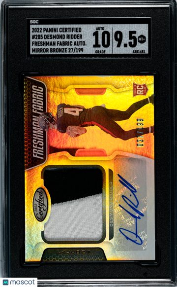 2022 Panini Certified Desmond Ridder #205 Freshman Fabric Autograph Mirror Bronze SGC 9.5 Auto 10