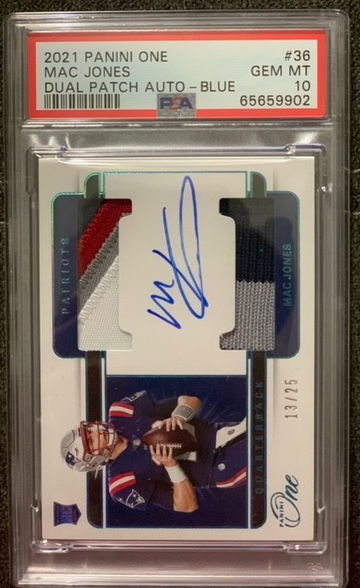 2021 Panini One Rookie Dual Patch Autographs Blue Mac Jones PSA 10