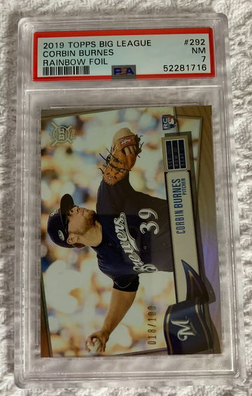2019 Topps Big League Corbin Burnes Rainbow Foil 18/100. PSA 7. Population 1, none higher