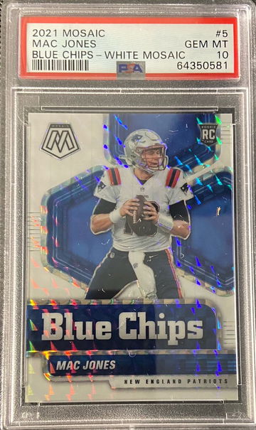 2021 Panini Mosaic Mac Jones RC Blue Chips - White Mosaic 2/25 PSA 10