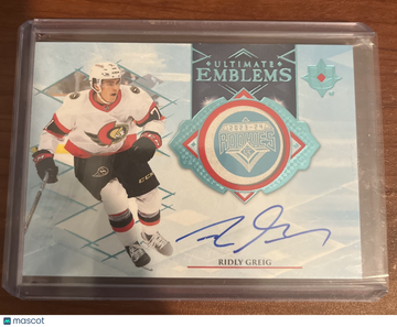 2023-24 Ultimate Collection Ridly Greig #UE-RG Blue Autograph Short Print Rookie Insert Upper Deck