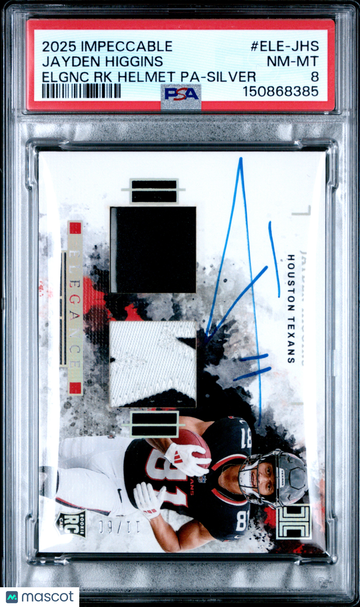 2025 Panini Impeccable Elegance Rookie Helmet And Patch Autos Jayden Higgins #ELE-JHS Elgnc RK Silver PSA 8