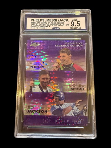2024 Leaf Metal | Phelps/Messi/Bo Jackson | Purple Pulsar | 14/15 | CCG 9.5