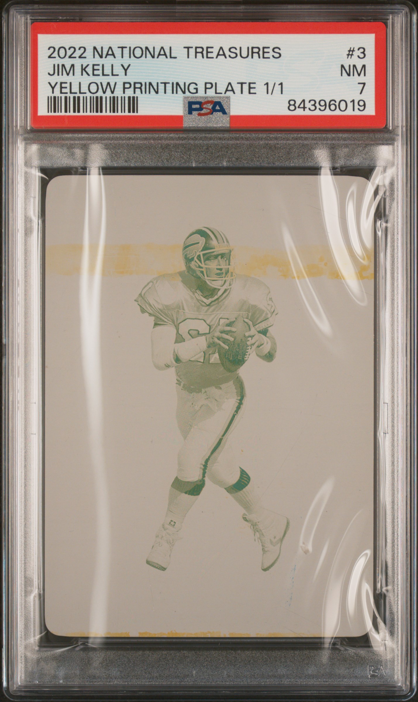 2022 National Treasures Jim Kelly Yellow Printing Plate 1/1 - PSA 7
