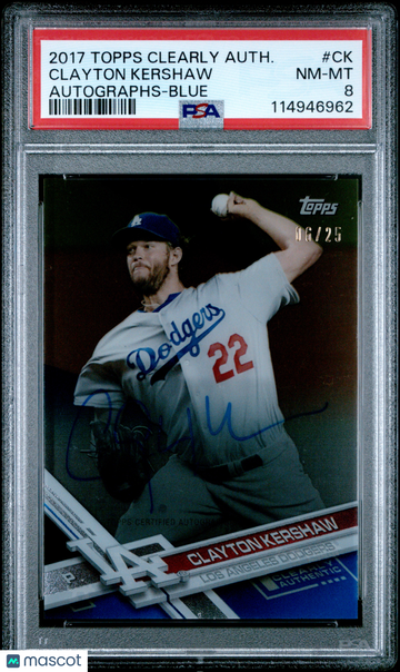2017 Topps Clearly Authentic Autographs Clayton Kershaw #CK Blue /25 PSA 8