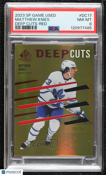 2023-24 Upper Deck SP Game Used Matthew Knies #DC-17 Red /35 Parallel/Variety Rookie Insert PSA 8