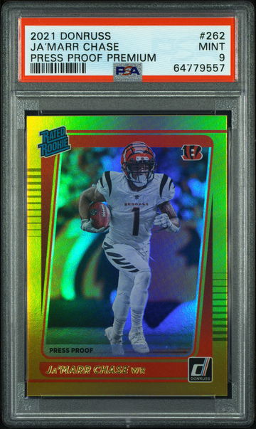 💎🧨 2021 Donruss JA'MARR CHASE Press Proof Premium Gold Holo PSA 9 RC  🏈🦁