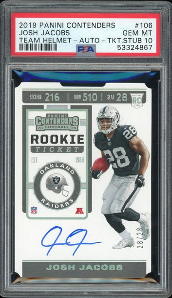 2019 Panini Contenders /28 Team Helmet  Ticket Stub Auto Josh Jacobs PSA 10 #106 RC Rookie POP 1