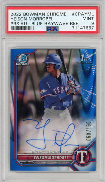 2022 Bowman Chrome YEISON MORROBEL 1st Auto Blue Ray Wave Refractor /150 PSA 9
