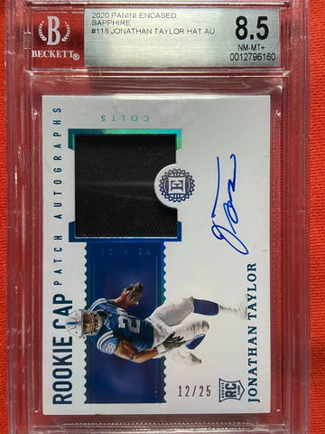 Jonathan Taylor #d /25 - BGS 8.5 - 2020 Panini Encased Rookie Cap Patch Auto Sapphire Parallel