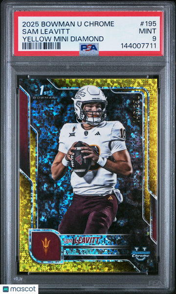 2025 Bowman University Chrome Sam Leavitt #195 Yellow Mini Diamond 093/911 PSA 9