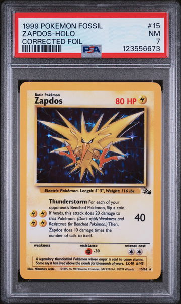 1999 Pokemon Fossil Holo Corrected Foil Zapdos #15 PSA 7