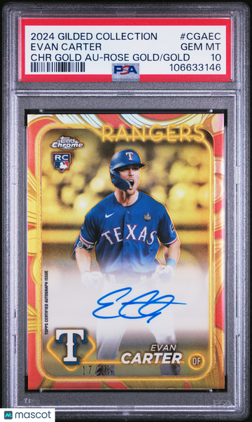2024 Topps Gilded Collection Topps Chrome Gold Autographs Evan Carter #CGAEC Rose /25 PSA 10