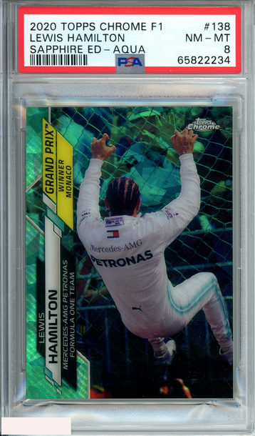 2020 TOPPS CHROME F1 LEWIS HAMILTON #138 SAPPHIRE ED-AQUA 75 OF 99 PSA 8 NM-MT