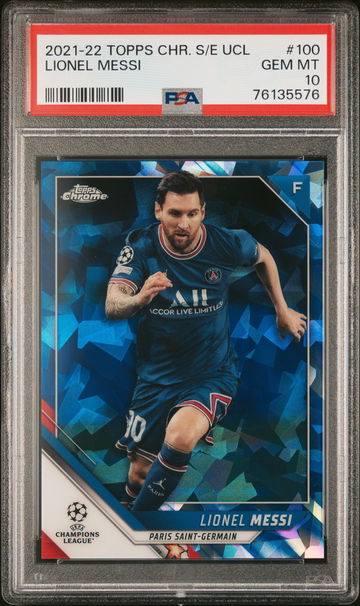 2021-2022 TOPPS CHROME SAPPHIRE LIONEL MESSI UEFA UCL #100 PSA 10