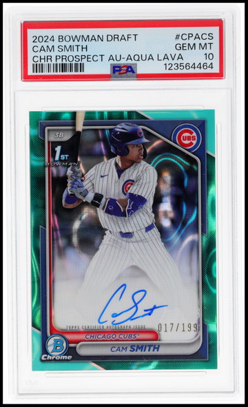 2024 Bowman Draft Cam Smith Chrome Prospect Autograph Aqua Lava PSA 10