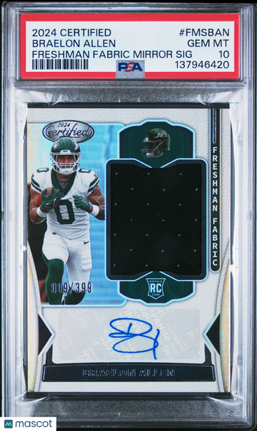 2024 Panini Certified Freshman Fabric Mirror Signatures Braelon Allen #FMSBAN /399 PSA 10