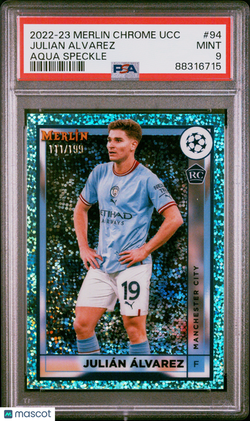 2022-23 Topps Merlin Chrome UEFA Club Competitions Julian Alvarez #94 Aqua Speckle Refractor PSA 9