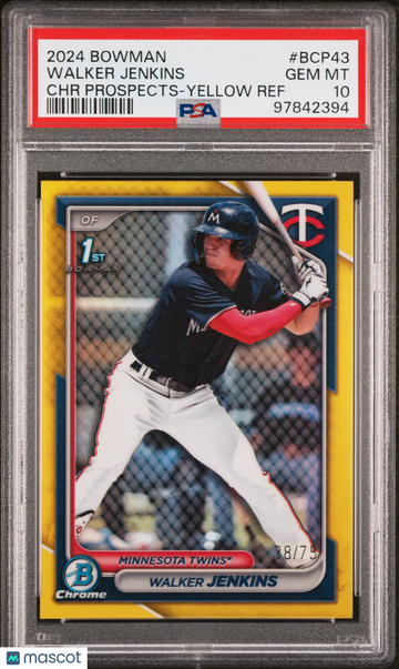 2024 Bowman Chrome Prospects Walker Jenkins #BCP43 Yellow Ref /75 PSA 10